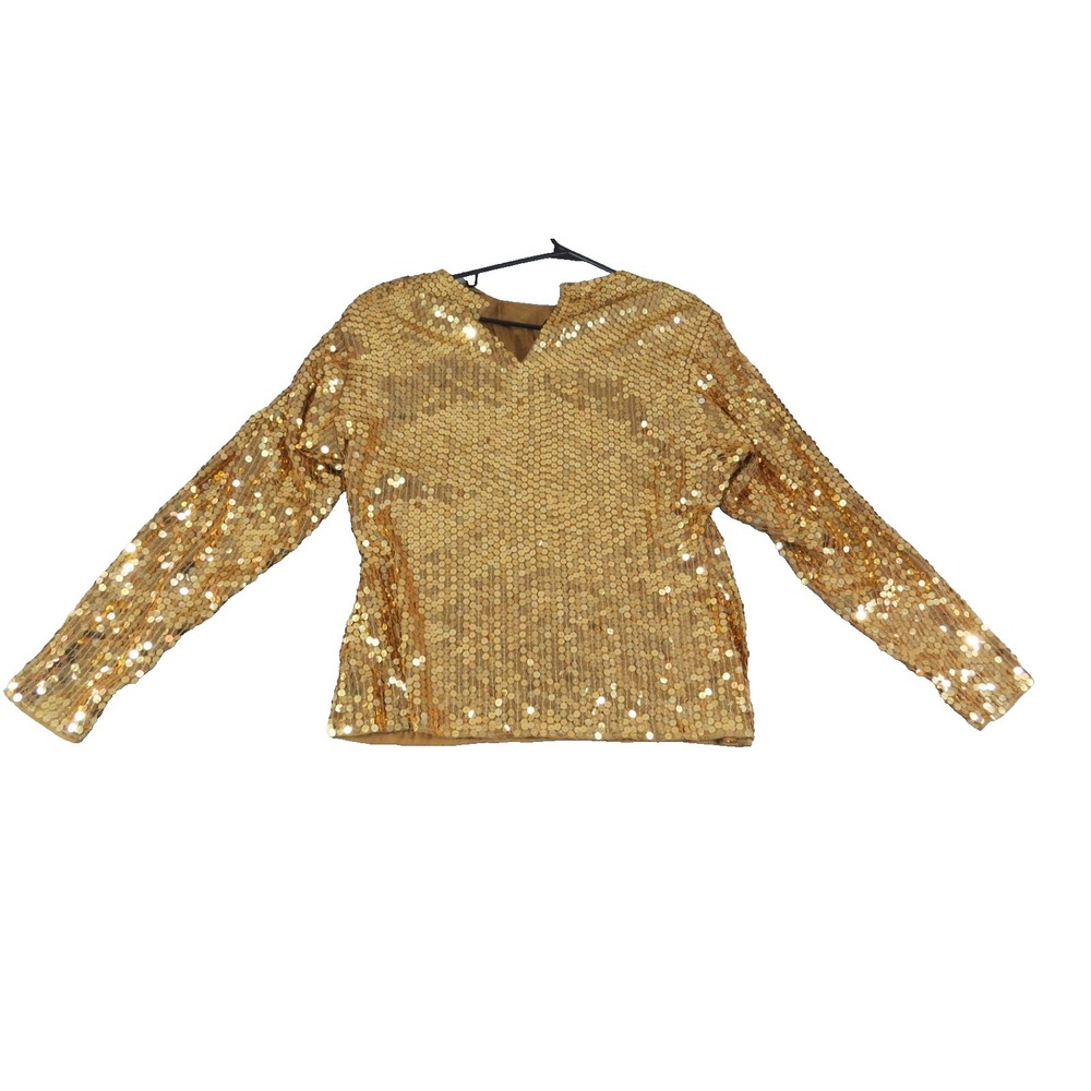 VTG Della Roufogali Silk Sequin Blouse Women M Gold Party Glam Top Party Holiday
